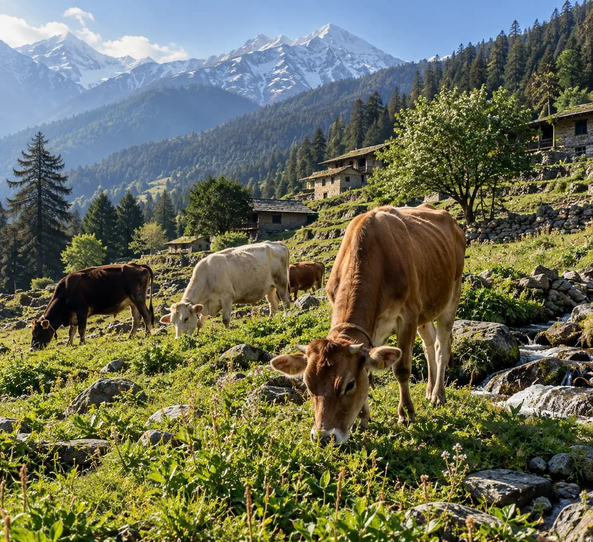 Himachali Pahari cows grazing in a Himalayan mountain pasture