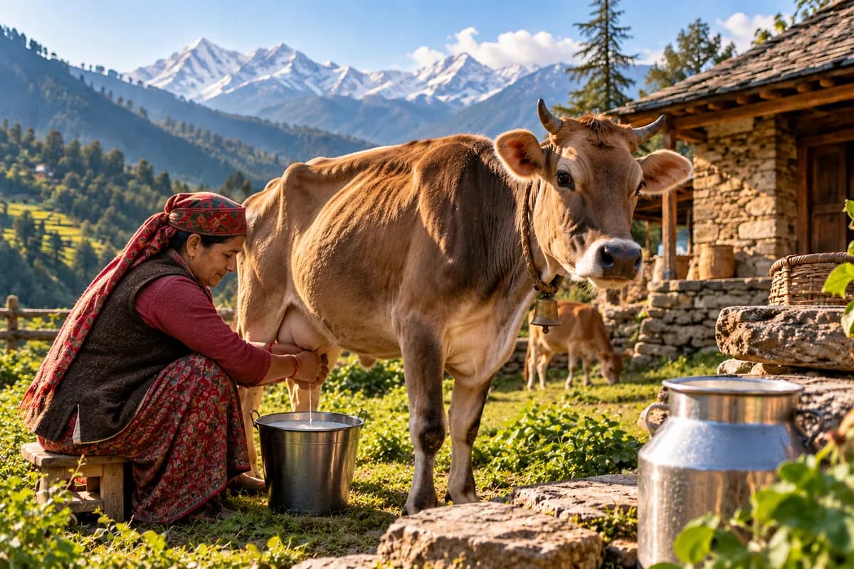 Milking a Himachali Pahari cow by hand into a steel pail, mountain village in the background