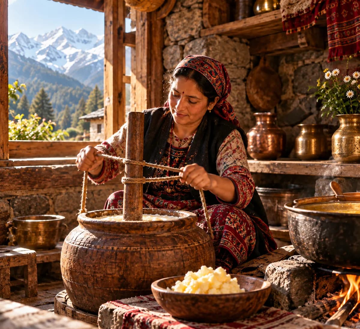 Traditional Bilona method — curd being churned by hand in a wooden pot