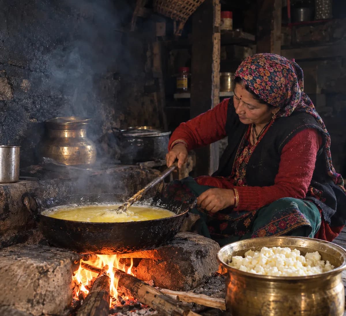 Freshly churned butter being gently heated in a traditional kadai over a wood fire