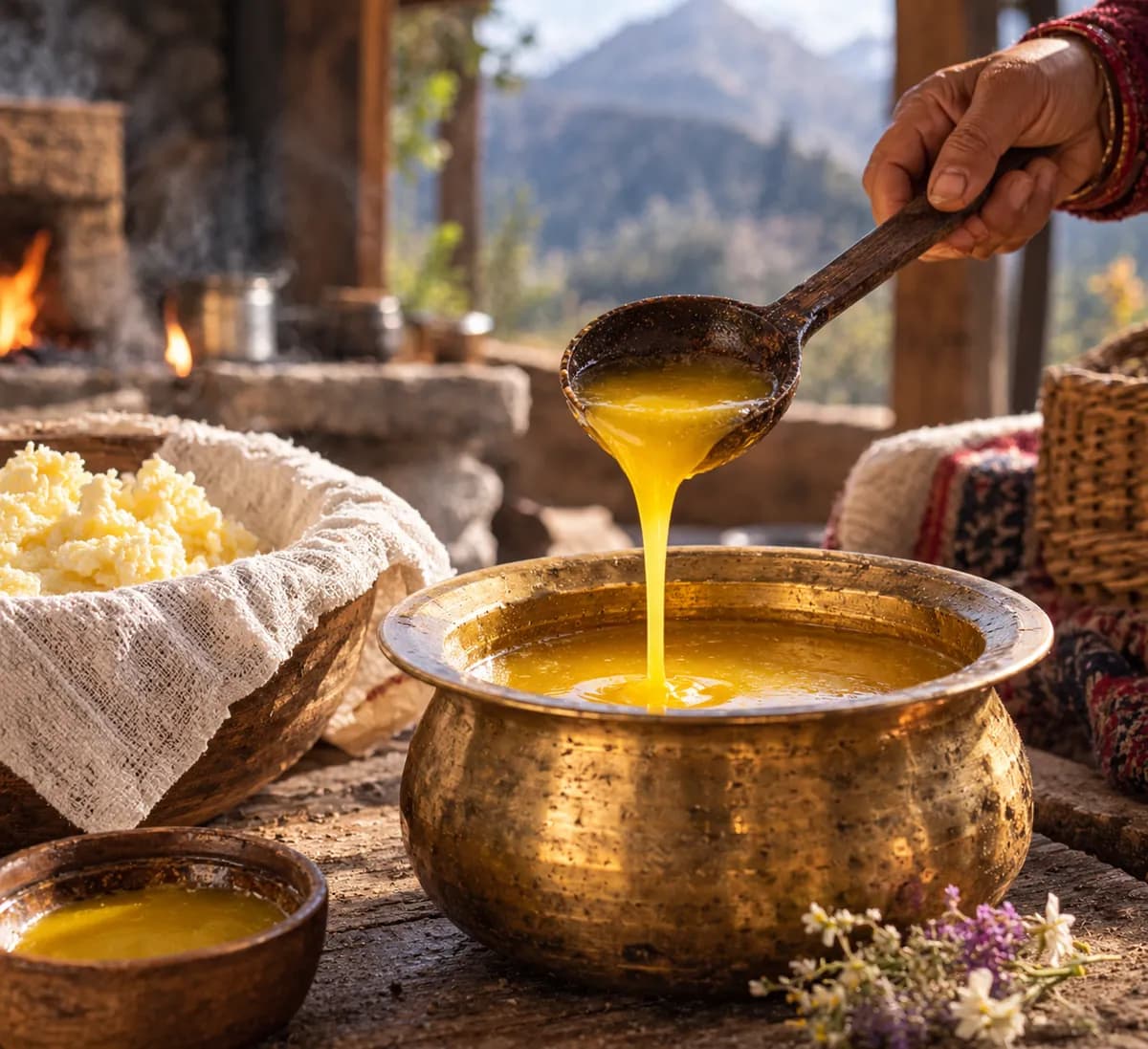 Golden ghee being slowly ladled, prepared the traditional way over a wood fire