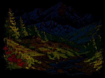 Illustration of a Himalayan valley village with a mountain stream
