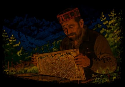 Illustration of a beekeeper holding a honeycomb frame