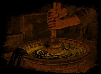 Illustration of ghee being churned by hand in a wooden vessel