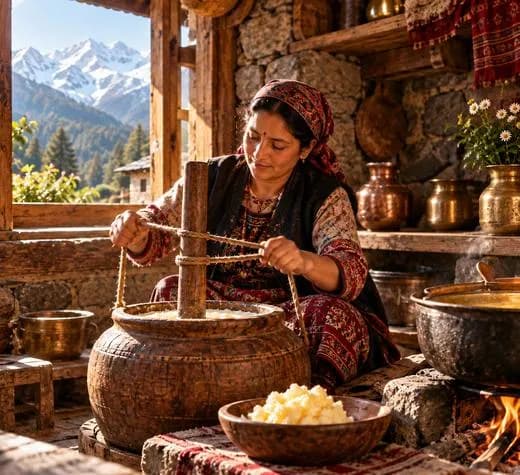 Traditional Bilona method — curd being churned by hand in a wooden pot