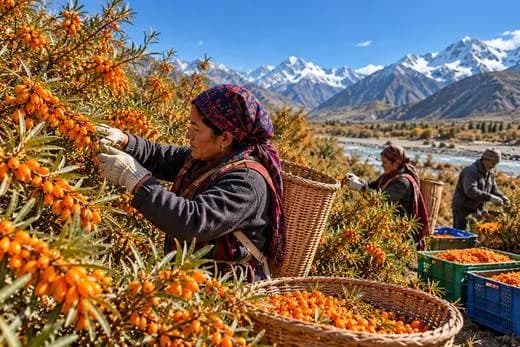 Women harvesters hand-picking sea buckthorn berries into woven baskets