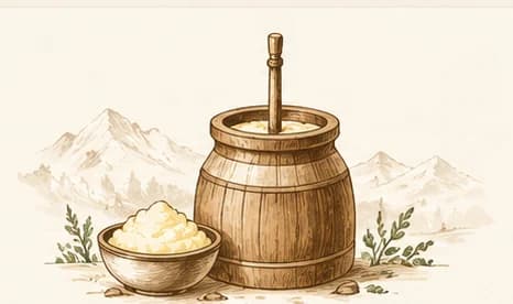 Traditional Bilona churn and freshly gathered butter