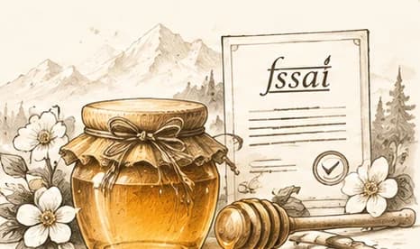 Honey jar beside an FSSAI certificate