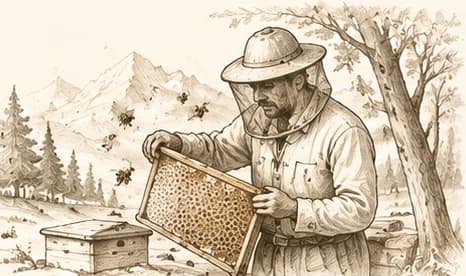Beekeeper hand-harvesting a honeycomb frame