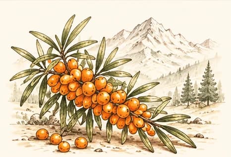 Wild sea buckthorn berries on the branch with Himalayan mountains behind