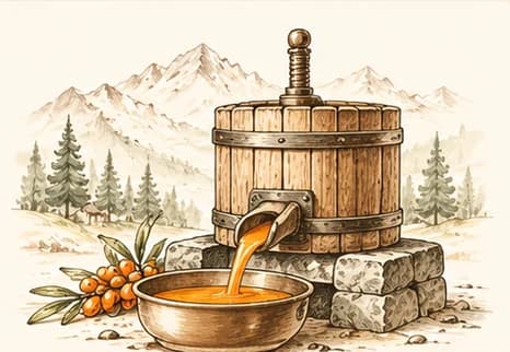 Wooden press gently extracting sea buckthorn juice