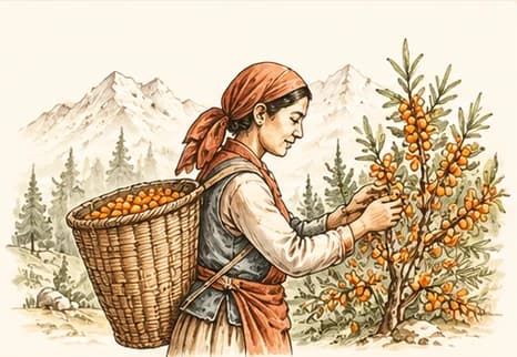 Woman hand-picking sea buckthorn berries into a woven basket