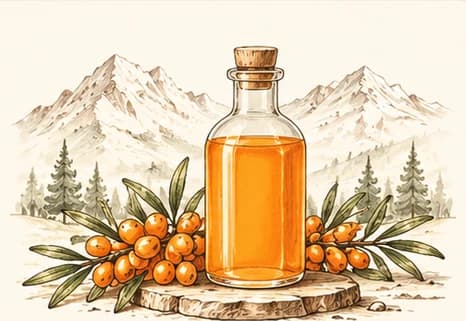 Bottle of sea buckthorn juice beside fresh berries