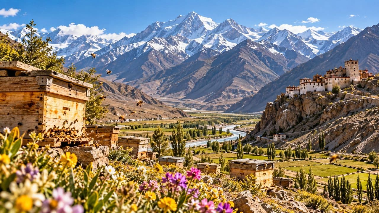 A high Spiti Valley monastery above the river, with beehives and wildflowers in the foreground