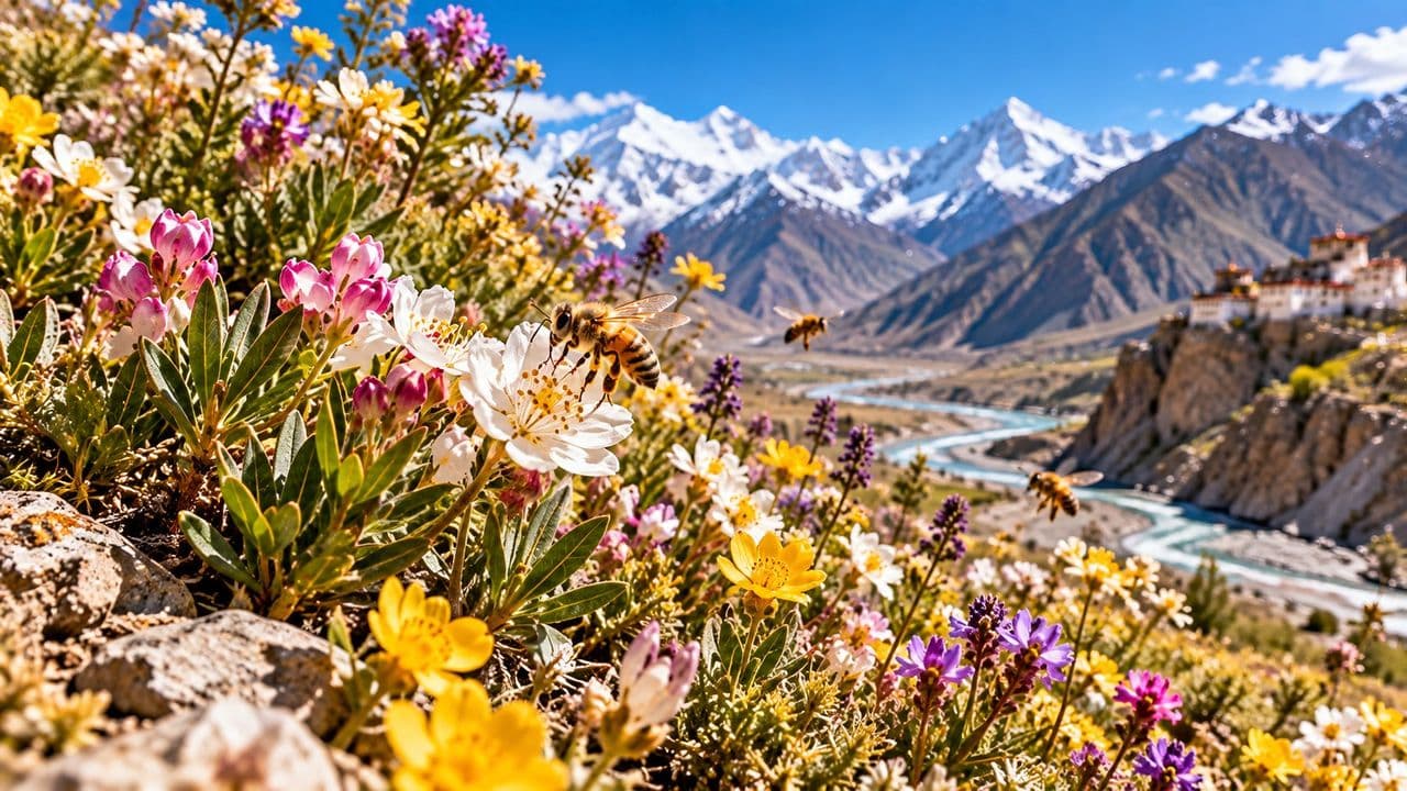 A bee foraging on wild Himalayan blossoms with the Spiti Valley in the background