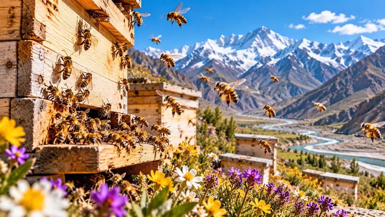 Bees swarming a wooden hive box among wildflowers, with the Spiti river and mountains behind