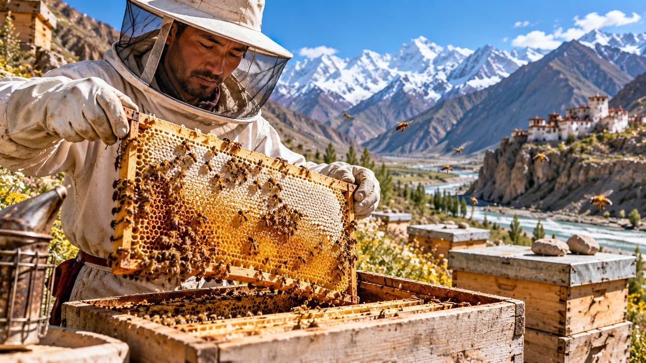 A beekeeper lifting a honeycomb frame from a hive, with a mountain monastery in the distance