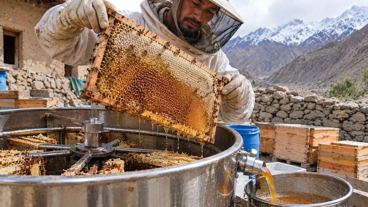 A beekeeper lowering a dripping honeycomb frame into a stainless steel centrifugal extractor