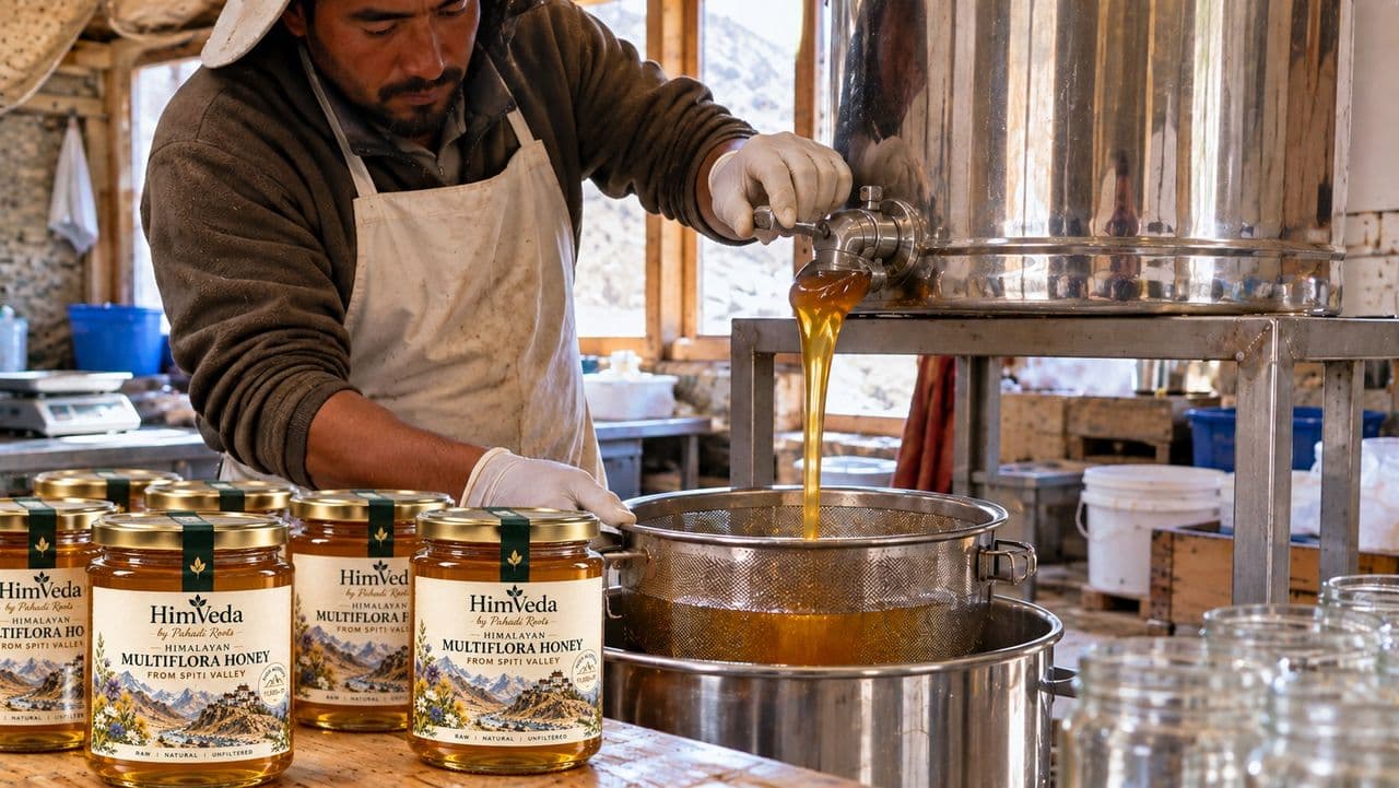 Raw honey being strained into a pot beside a row of filled HimVeda Himalayan Multiflora Honey jars