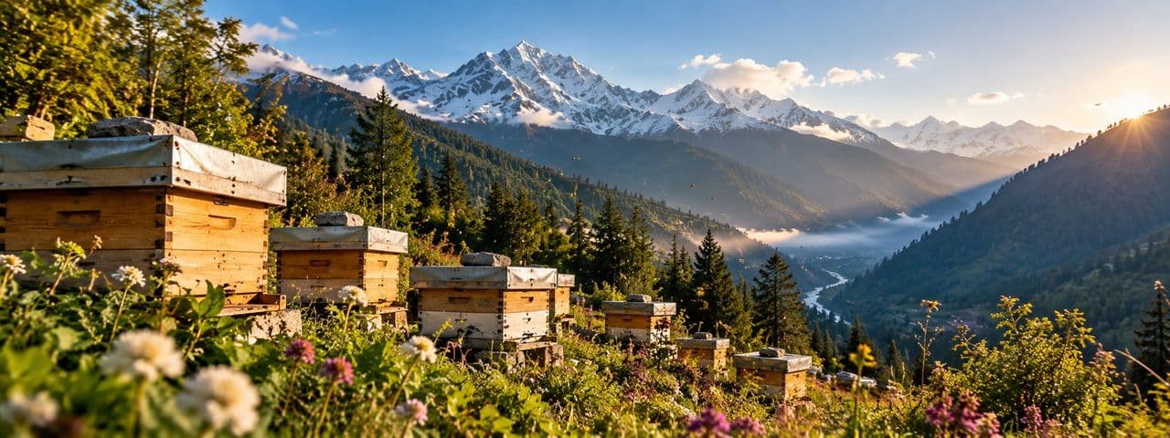 Beehives on a forested Himalayan ridge above Manali at sunrise, with snow-capped peaks and a river valley below