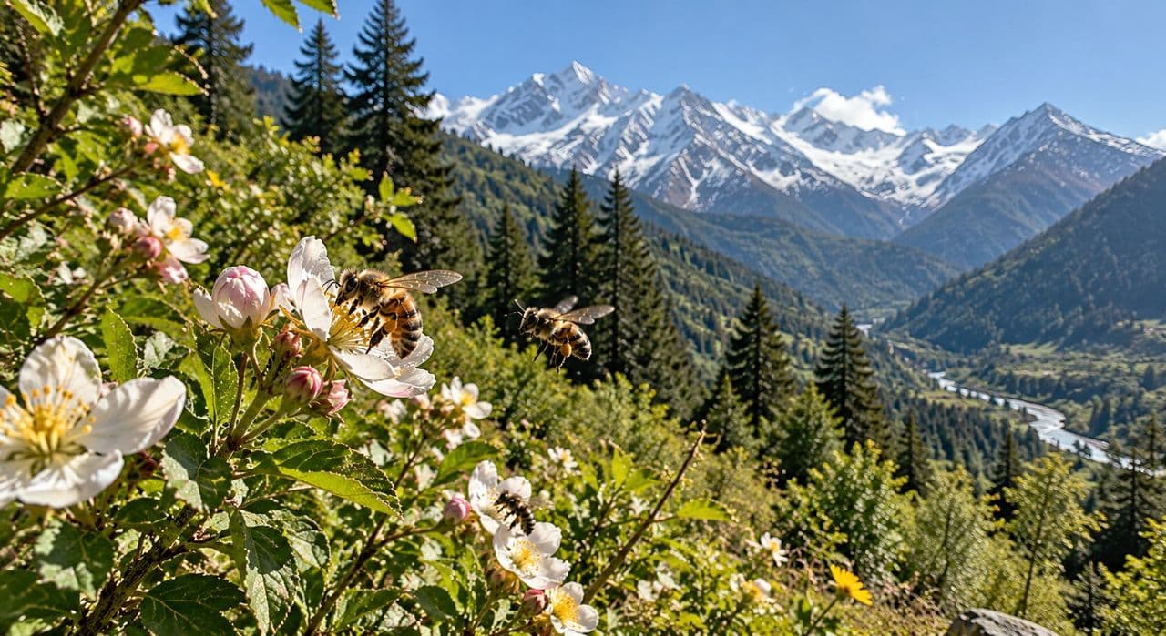 Bees foraging on wild white blossoms with the Himalayan mountains and a river valley behind