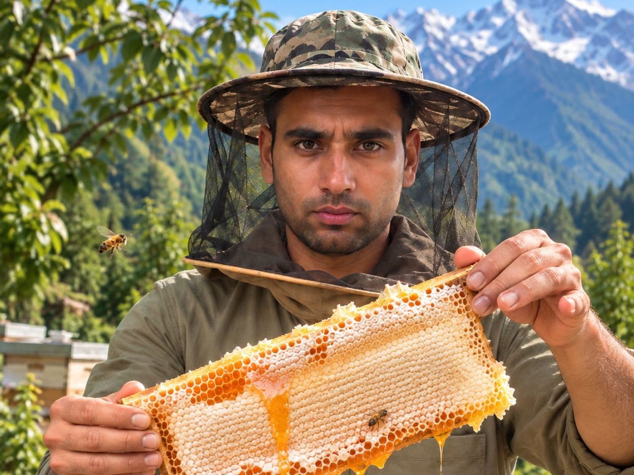 A beekeeper holding up a honeycomb frame dripping with honey, mountains in the background