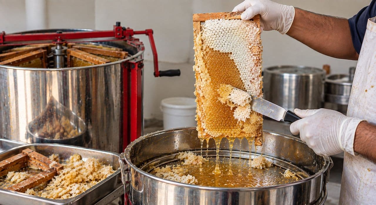 A honeycomb frame being uncapped by hand above a stainless steel extraction vessel