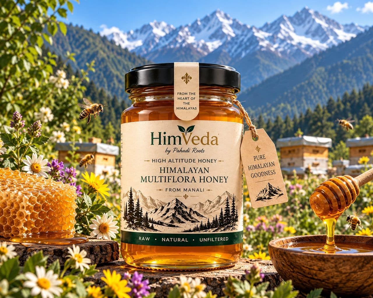 A jar of HimVeda by Pahadi Roots Himalayan Multiflora Honey from Manali, set among wildflowers with hives and mountains behind