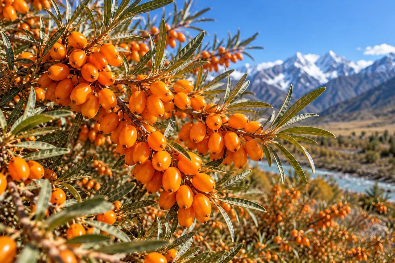 Close-up of wild Sea Buckthorn berries on the branch, mountains in the background