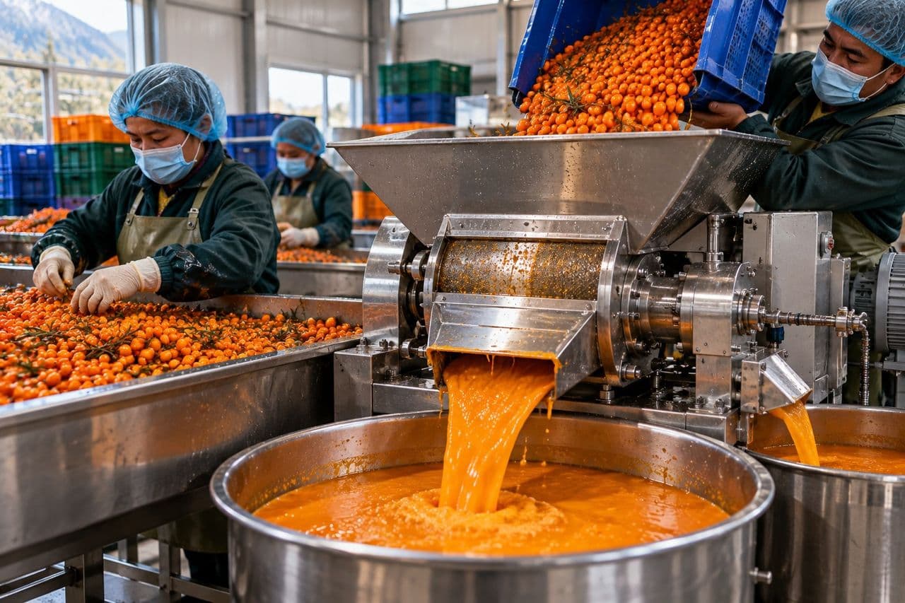 Workers pressing fresh Sea Buckthorn berries into pulp on a stainless steel extraction line