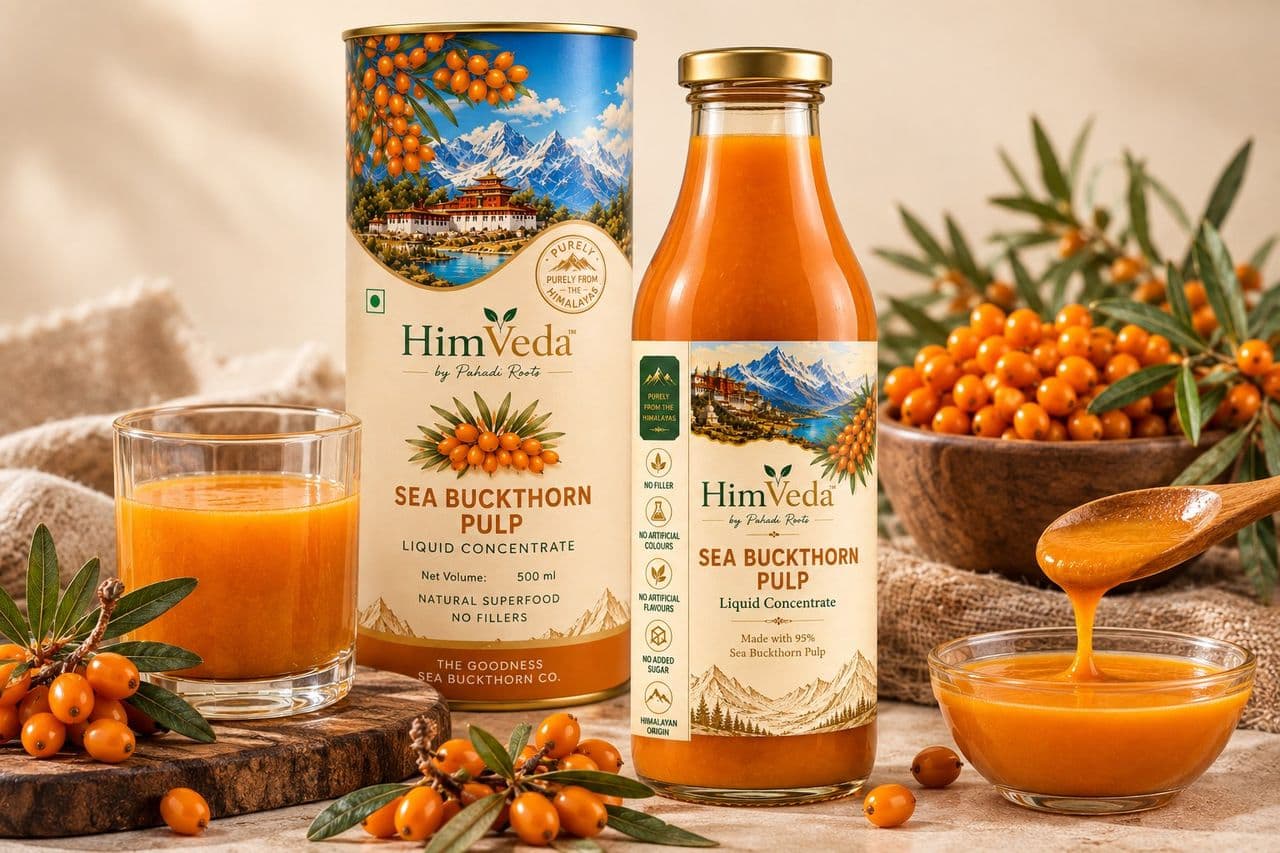 HimVeda by Pahadi Roots Sea Buckthorn Pulp can and bottle beside fresh berries