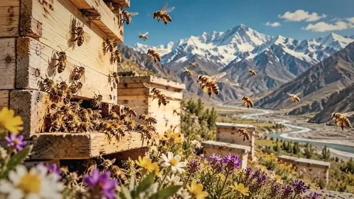 Honeybees at wooden hives among mountain flowers