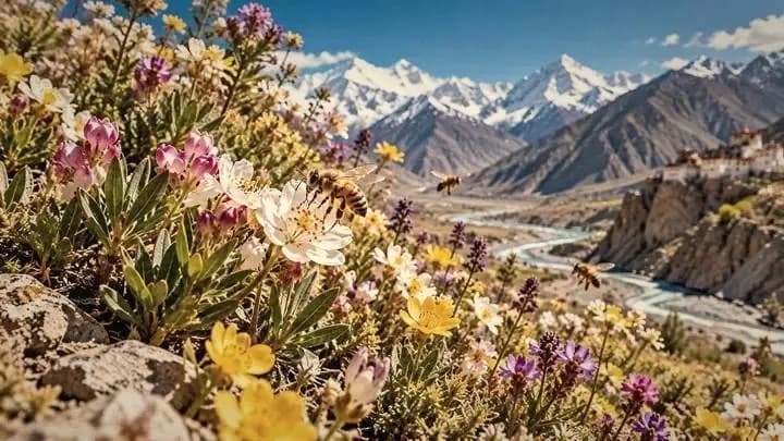 Wildflowers blooming on a Himalayan slope with peaks behind