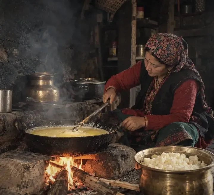 Butter simmering into ghee over a wood fire