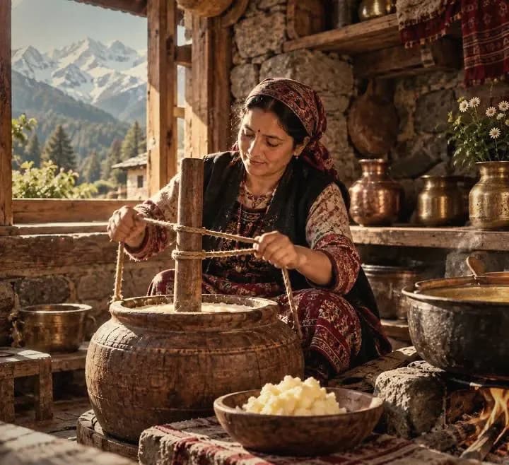 A woman churning curd in a traditional mountain kitchen