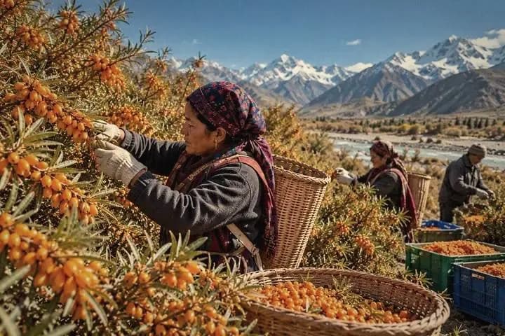 A woman picking sea buckthorn berries by hand