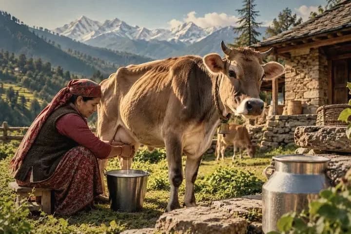 A woman milking a cow beside a stone house in the mountains
