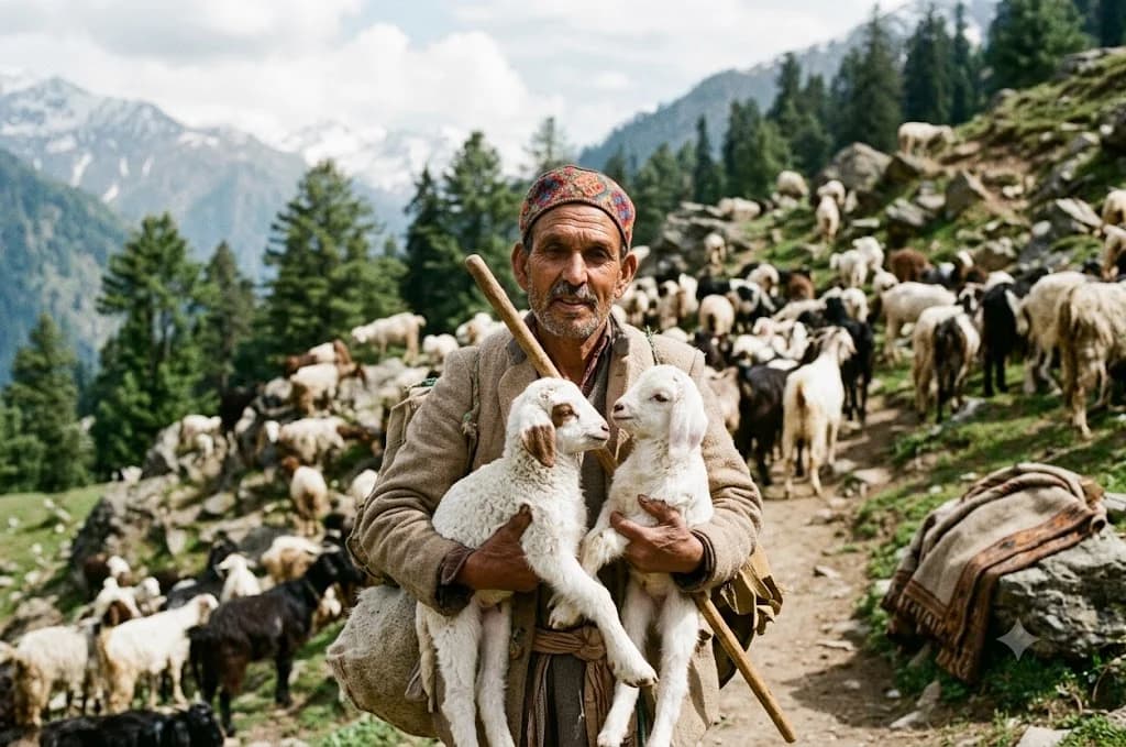 A Gaddi shepherd holding two lambs on a mountain path, his flock of sheep and goats behind him