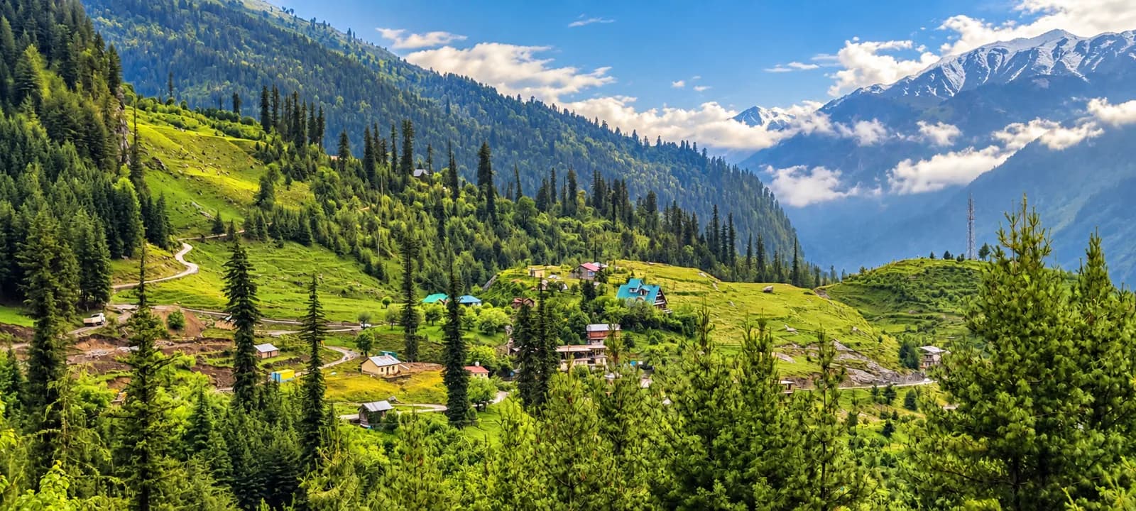 A Himalayan village among pine forest and green meadows, snow peaks behind